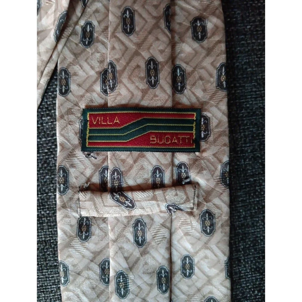 Tie 70s 80s 90s Y2K Mens Villa Bugatti Beige 4 Wide 58 Long